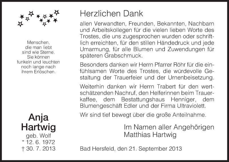  Traueranzeige für Anja Hartwig vom 21.09.2013 aus Hersfeld