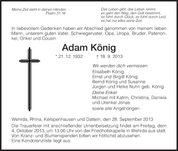 Traueranzeige von Adam König von Hersfeld