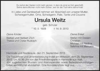 Traueranzeige von Ursula Weitz von Hersfeld