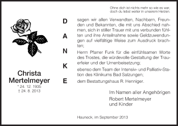 Traueranzeige von Christa Mertelmeyer von Hersfeld