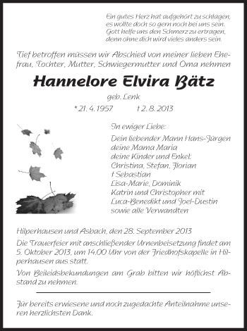 Traueranzeige von Hannelore Elvira Bätz von Hersfeld