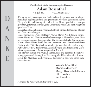 Traueranzeige von Adam Rosenthal von Hersfeld