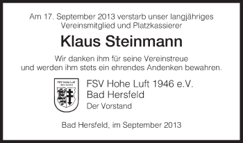 Traueranzeige von Klaus Steinmann von Hersfeld