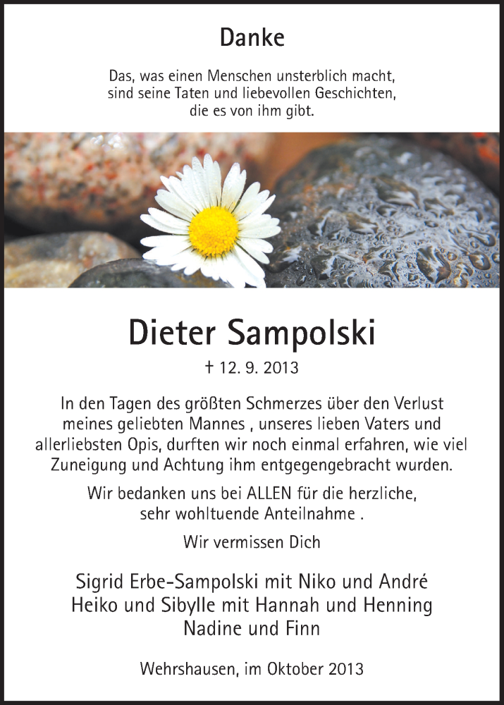  Traueranzeige für Dieter Sampolski vom 05.10.2013 aus Hersfeld