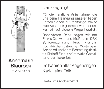 Traueranzeige von Annemarie Blaurock von Hersfeld