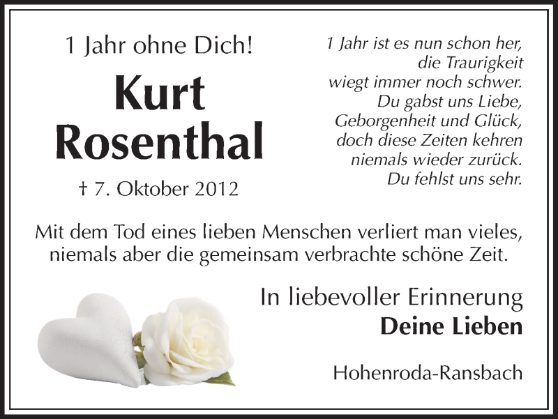  Traueranzeige für Kurt Rosenthal vom 07.10.2013 aus Hersfeld