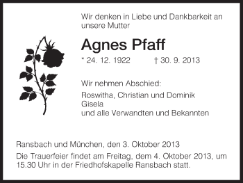 Traueranzeige von Agnes Pfaff von Hersfeld