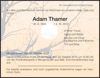 Traueranzeige von Adam Thamer von Hersfeld