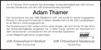 Traueranzeige von Adam Thamer von Hersfeld