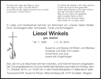 Traueranzeige von Liesel Winkels von Hersfeld