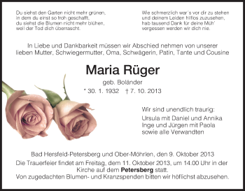 Traueranzeige von Maria Rüger von Hersfeld