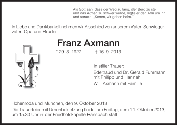 Traueranzeige von Franz Axmann von Hersfeld