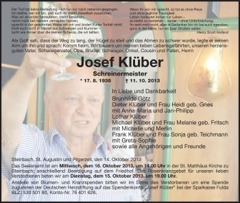 Traueranzeige von Joef Klüber von Hersfeld