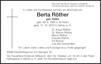 Traueranzeige von Bertha Röther von Hersfeld