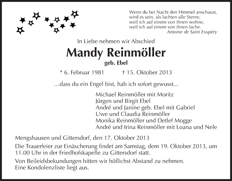  Traueranzeige für Mandy Reinmöller vom 17.10.2013 aus Hersfeld