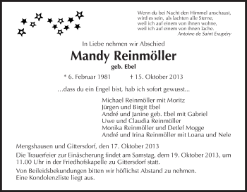 Traueranzeige von Mandy Reinmöller von Hersfeld