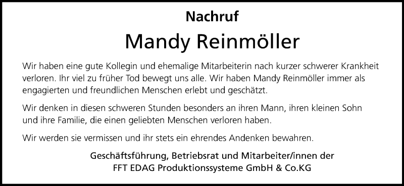  Traueranzeige für Mandy Reinmöller vom 19.10.2013 aus Hersfeld