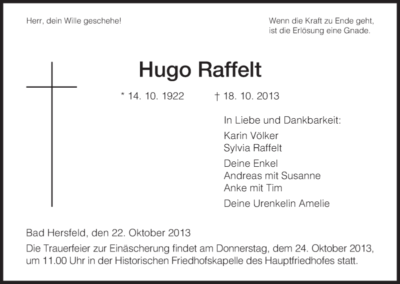  Traueranzeige für Hugo Raffelt vom 22.10.2013 aus Hersfeld