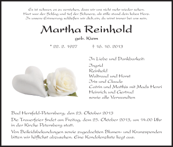 Traueranzeige von Martha Reinhold von Hersfeld