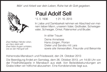 Traueranzeige von Paul Adolf Sell von Hersfeld