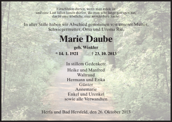 Traueranzeige von Marie Daube von Hersfeld