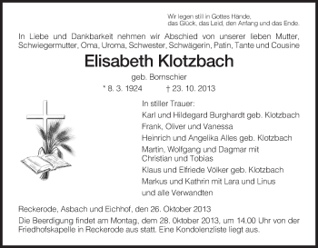 Traueranzeige von Elisabeth Klotzbach von Hersfeld