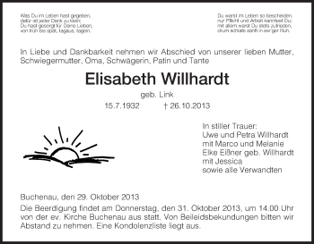 Traueranzeige von Elisabeth Willhardt von Hersfeld