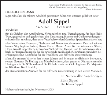 Traueranzeige von Adolf Sippel von Hersfeld