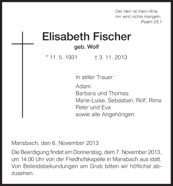 Traueranzeige von Elisabeth Fischer von Hersfeld