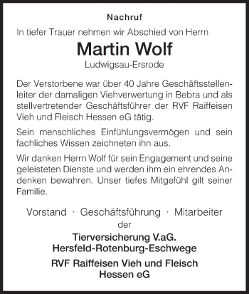 Traueranzeige von Martin Wolf von Hersfeld