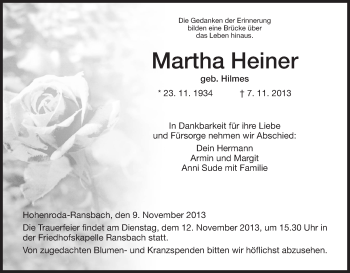 Traueranzeige von Martha Heiner von Hersfeld