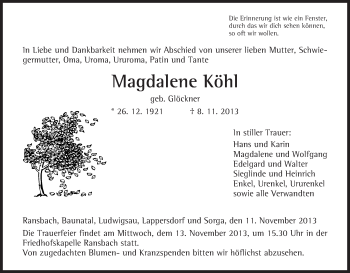 Traueranzeige von Magdalene Köhl von Hersfeld