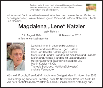 Traueranzeige von Magdalena Katzler von Hersfeld