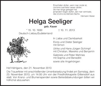 Traueranzeige von Helga Seeliger von Hersfeld