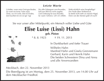 Traueranzeige von Elise Luise Hahn von Hersfeld