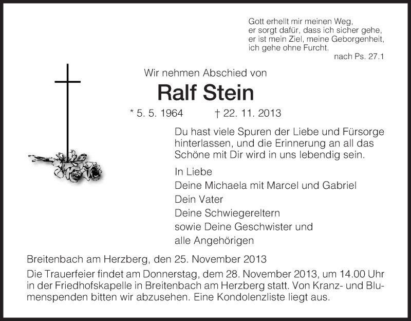  Traueranzeige für Ralf Stein vom 25.11.2013 aus Hersfeld
