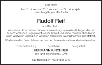 Traueranzeige von Rudolf Reif von Hersfeld