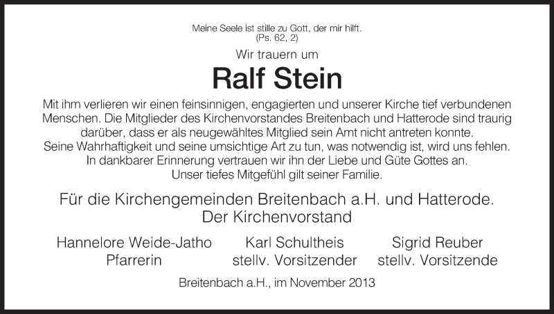  Traueranzeige für Ralf Stein vom 27.11.2013 aus Hersfeld