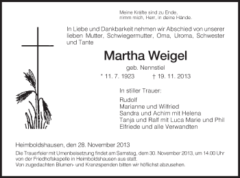 Traueranzeige von Martha Weigel von Hersfeld