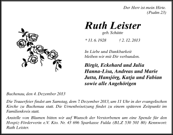 Traueranzeige von Ruth Leister von Hersfeld