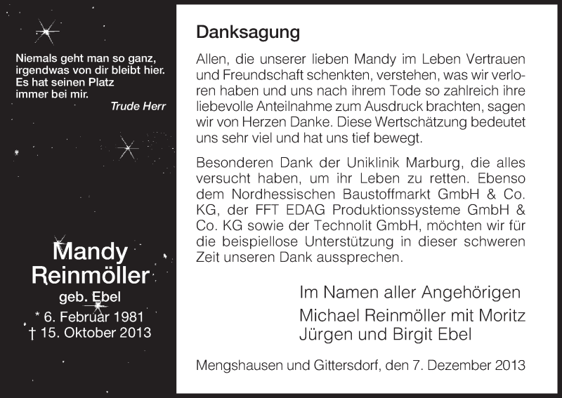  Traueranzeige für Mandy Reinmöller vom 07.12.2013 aus Hersfeld
