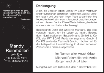 Traueranzeige von Mandy Reinmöller von Hersfeld