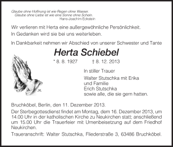 Traueranzeige von Herta Schiebel von Hersfeld