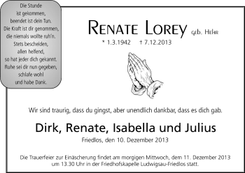 Traueranzeige von Renate Lorey von Hersfeld