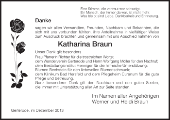 Traueranzeige von Katharina Braun von Hersfeld