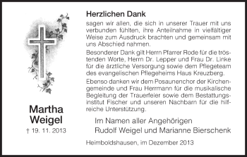 Traueranzeige von Martha Weigel von Hersfeld