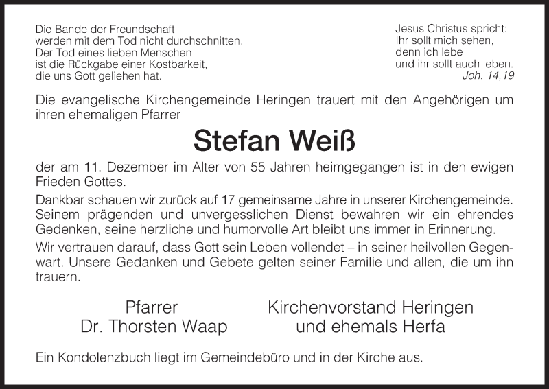  Traueranzeige für Stefan Weiß vom 14.12.2013 aus Hersfeld