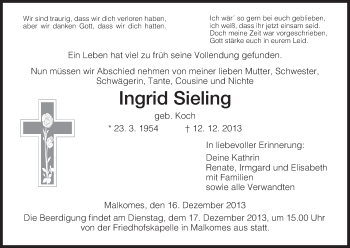 Traueranzeige von Ingrid Sieling von Hersfeld