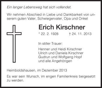 Traueranzeige von Erich Kirschner von Hersfeld