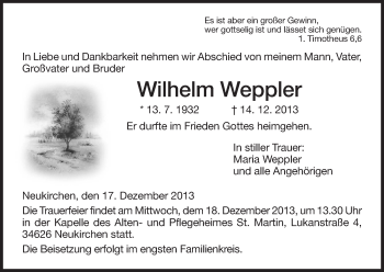 Traueranzeige von Wilhelm Weppler von Hersfeld